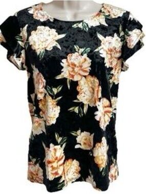 a.n.a Fall Black Retro Short Sleeve Top Orange Floral Print Velvet Soft Size XL
